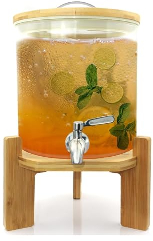 Dispensador De Limonada Con Soporte,Máquina De Bebidas De Vidrio Con Grifo, 3l, 5l, 8l,11l Dispensadores De Bebidas Frías Con Soporte De Madera Para Bebidas, Limonadas, Cervezas Y Jugos,5l/8l/10l 5L