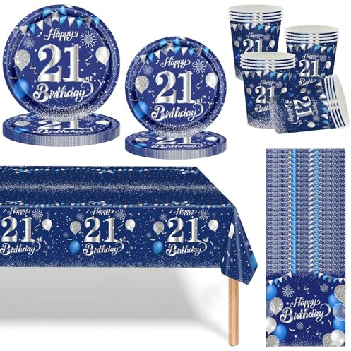 Navy Blau Silber 21 Geburtstag Partygeschirr Set,69 Stück 21.Geburtstag Männer Frauen Blau Silber Deko Pappteller Becher, Servietten und Tischdecke Set,Tischdeko für 21.Geburtstagsdeko Partys 16 Gäste