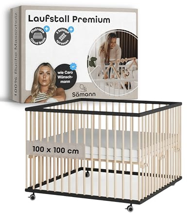 Sämann Laufstall Baby 100x100 cm mit 3 Schlupfsprossen und Matratze | TÜV geprüft 2024 | stufenlos höhenverstellbar | Laufgitter Premium | Babybett aus Holz | Krabbelgitter schwarz/natur
