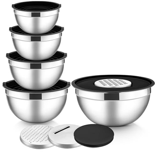 HaWare Mixing Bowls, 5 Piece Stainless Steel Nesting Salad Bowl with Airtight Lids & 3 Grates, Idea for Kitchen Baking/Prepping/Serving/Food Storage, Dishwasher Safe- 0.7/1/1.5/2.6/4.6L, Black