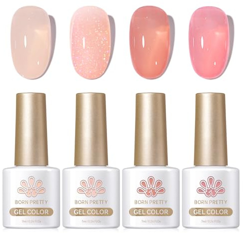 Born Pretty UV Nagellack Milky Jelly Milchig Nude Rosa - Gel Nagellack UV Natur Kristall Transparent UV Lack Floral Hush Serie Maniküre und Nagelkunst DIY zu Hause 4PCS