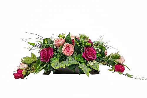 Generisch Grabaufleger aus künstlichen Textil Seidenblumen Rosen länglich 80cm groß XXL Friedhofsgesteck für Totensonntag Beerdigung wie Echt (Rosa)
