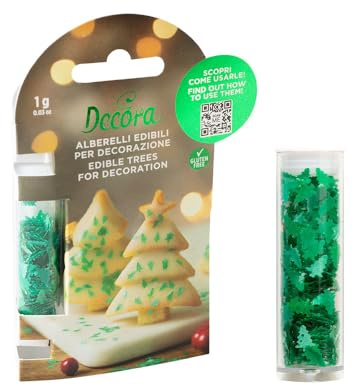 Decora, 2090206, Confezione da 1 g di alberelli edibili, Colore verde metallizzato, Ideali per decorare facilmente dolcetti natalizi