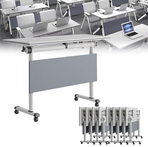 Moderner quadratischer weißer Konferenztisch mit rollbarem Computertisch für Besprechungen im Sitzungssaal. Beweglicher Besprechungstisch für den Seminarraum