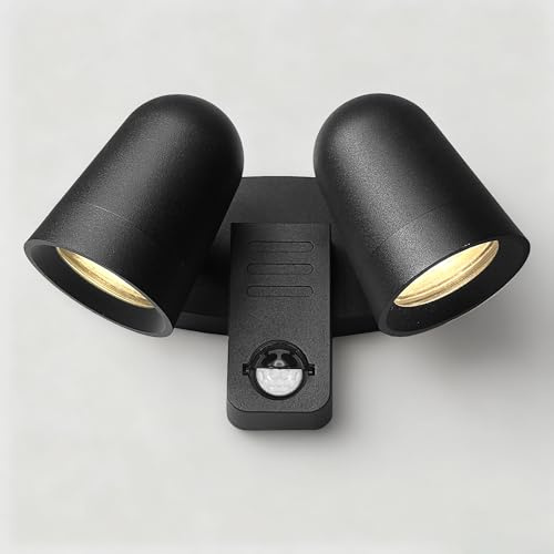 JNR Außenlampe mit Bewegungsmelder, LED Strahler 330°Schwenkbar, Schwarz | Einstellbarer PIR Bewegungsmelder Dämmerungssensor, IP54 Wasserdichte 230V Aluminium Aussenlampe, 2*5W GU10 3000K Glühbirne