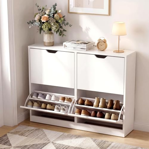 VOWNER Shoe Storage Cabinet 4 Flip Drawers Adjustable Shelves White | Freestanding narrow shoe cabinet with anti-tip design for entryway, foyer and hallway organization.