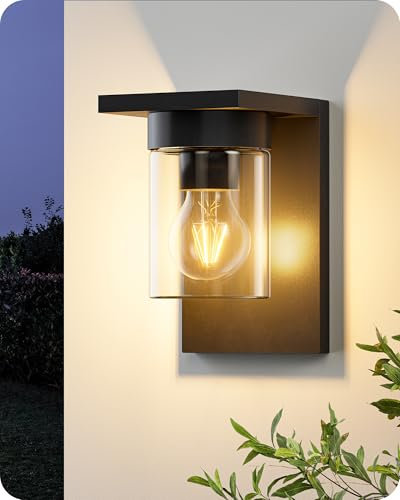 EDISHINE Applique Murale Extérieure, Lampe Murale avec Verre Transparent, IP44 Étanche, E27 max. 15W, Luminaire Moderne pour Façade, Garage, Auvent (ampoule non incluse), 19x12x15 cm, Noir