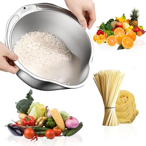 Edelstahl Reis Waschschüssel mit Ausgießer – Lebensmittelechtes Nudelsieb für Reis, Quinoa, Gemüse & Obst, Rostbeständiges Küchen Sieb, Spülmaschinenfest, BPA-frei, Nudelsieb Edelstahl Sieb Küche