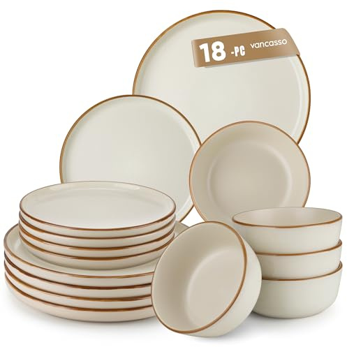 vancasso RENO Service de Table 18 Pièces en Porcelaine, Service Vaisselle 6 Personnes, 6 Assiettes Plates, 6 Assiettes à Dessert, 6 Bols à Céréales, Émail beige mat