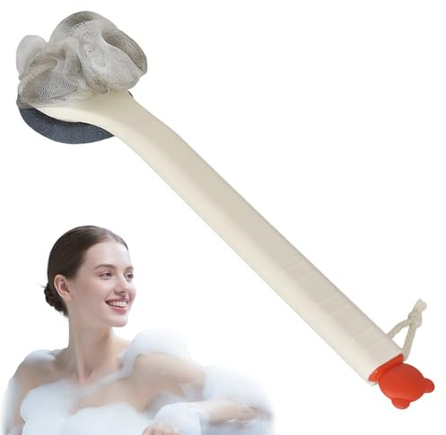 Back Scrubber Body Brush, Wet and Dry Use Body Brushes for Shower, Exfoliating, 38 cm Long Handle, Double-Sided Shower with Loofah and Foot Cleaning Brushes, Off White, Ideal for Men and Women