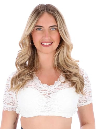 STEIGENHÖFER Women's Bavarian Dirndl Blouse with V-Neck – Oktoberfest Lace Top White Short Sleeve – German Trachten Shirt for Festival & Beer Garden – with V-Neck – White - 34