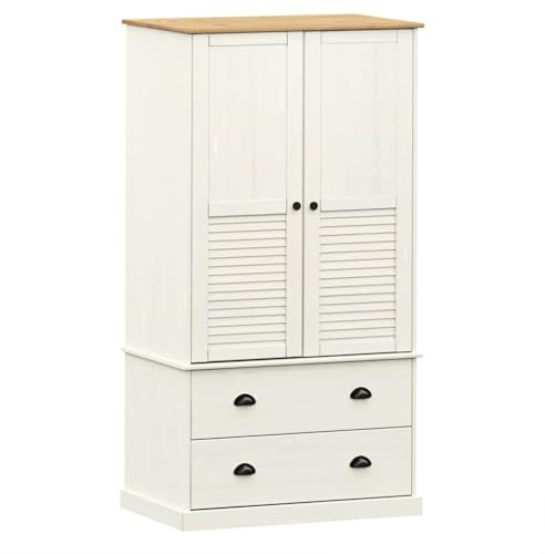 Makastle Mehrzweckschrank, Kleiderschrank mit 2 Türen und 2 Schubladen, Hochschränk, Drehtürenschrank, Haushaltsschrank Schrank Organizer für Schlafzimmer, Weiß 90x55x170 cm Massivholz Kiefer