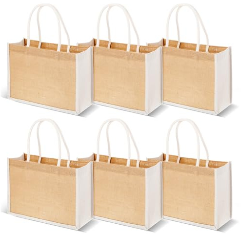 MAQUITA 6 Pack Burlap Tote Bags, Reusable Jute Gift Bags with Handles, Water Resistant Beach Bag, 12.6'' x 5.1'' x 8.7'' Canvas Grocery Shopping Bag for Bridesmaid, DIY, Shopping, Wedding