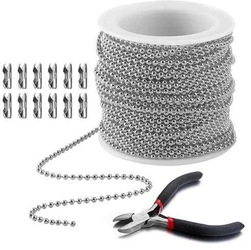 10m/32.8Feet Stainless Steel Ball Bead Chains with 50 Pcs Matching Connectors Beads & Pliers 2.4mm Diameter DIY Jewelry Making Accessories for Crafts Curtain Blind Pull Tags Chain Key Chain (Silver)