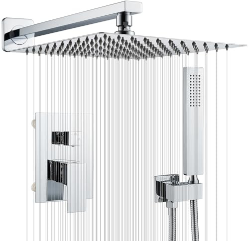 Concealed Shower Set, Shower Head and Hose Set 2 Ways, Chrome Rain Shower System with 10-Inch Shower Head Square, Brass Single Lever Shower Mixer Valve Tap, Stainless Steel Handheld Spray Head