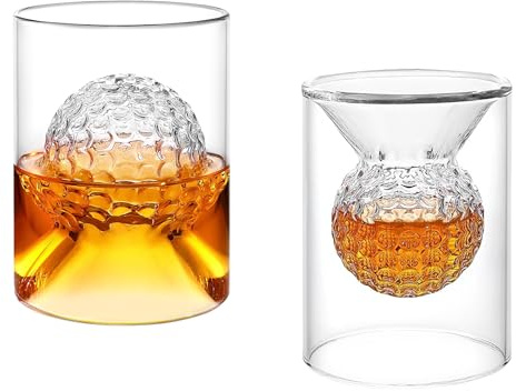 Yuhtech Set di 2 bicchieri da whisky, bicchieri da whisky da 50 ml con pallina da golf incorporata, bicchieri da vino rosso per cocktail per golfisti, entrambi i lati sono utilizzabili