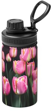 Bouteille d'eau isotherme à double paroi en acier inoxydable pour boissons chaudes et froides - Imprimé rose et tulipes - 355 ml