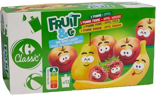 CARREFOUR CLASSIC - Compotes Assortiment Pomme, Pomme Fraise, Pomme Poire, Pomme Banane Sans Sucres Ajoutés - les 12 gourdes de 90g - 1080g - Le Lot De 3