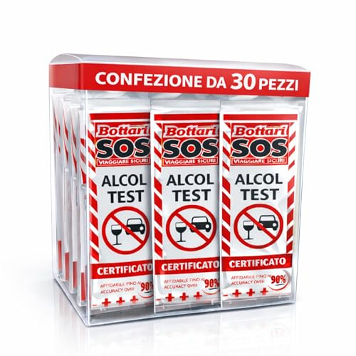 Bottari S.O.S - Test d'alcool jetable certifié UE 0,2 g/L, éthylotest jetable Portable, 4 Niveaux de détection, résultat Rapide, Lot de 30 pièces