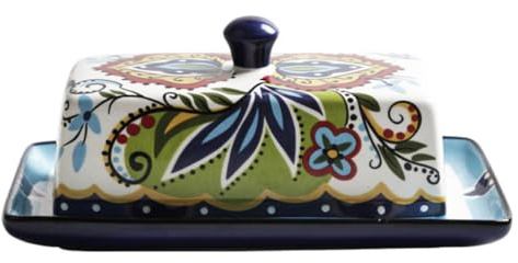 JEWEDECO Mantequera Diseño Rectangular Estrecho Vintage Capacidad 250 Gramos de Cerámica Tapa a Juego para Almacenamiento en Refrigerador