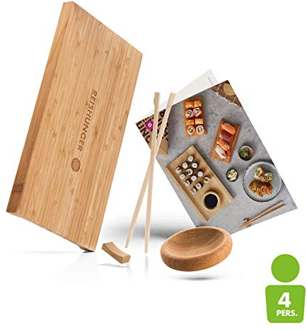 REISHUNGER Sushi Servier Set, traditionelles Service aus Bambus - 4-teiliges Geschirrset für 4 Personen