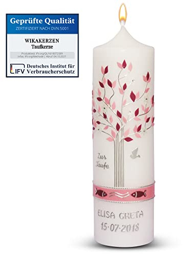 Taufkerze Mädchen mit Name und Datum, Lebensbaum in Rosa Bordeaux zur Taufe oder Kommunionkerze, die Taufkerze mit Baum ist modern und individuell, ideal als Taufgeschenk mit Beschriftung 25x7cm