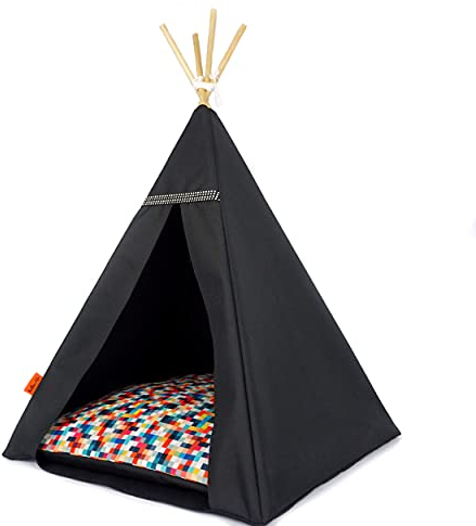 Tipi für Katzen und Hunde mit Bommeln, Wasserdichtes Haustierzelt mit Rutschfester Basis, Hunde- und Katzenhaus (Schwarz, Pixelkissen, 65x65cm)