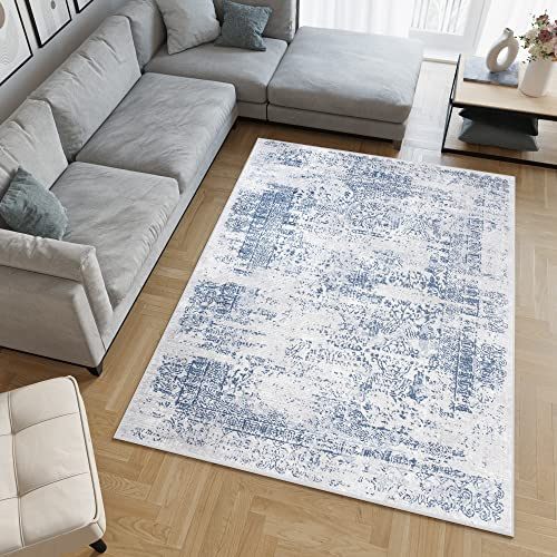 TAPISO Sky Teppich Kurzflor Creme Blau Ornament Ethno Meliert 160 x 220 cm | Modern Meliert Verwischt Design Wohnzimmer Schlafzimmer 3D Optik OEKO-TEX