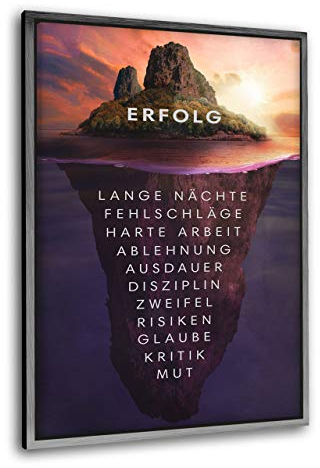 Hustling Sharks® Motivationsbilder als XXL Wandbild Insel des Erfolgs - Hochformat (Leinwand mit Rahmen silber, 30 x 45 cm), Bilder Büro, Erfolg Bild, Bilder mit Sprüchen, Wanddeko Büro