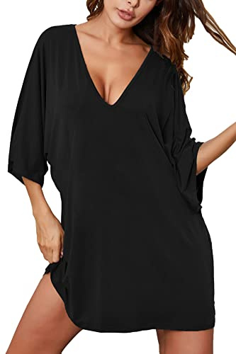 Ekouaer Women's Sleepshirt Deep V Neck Nightgown Batwing Nightshirt Oversized Sleepwear, Black, XXX-Large