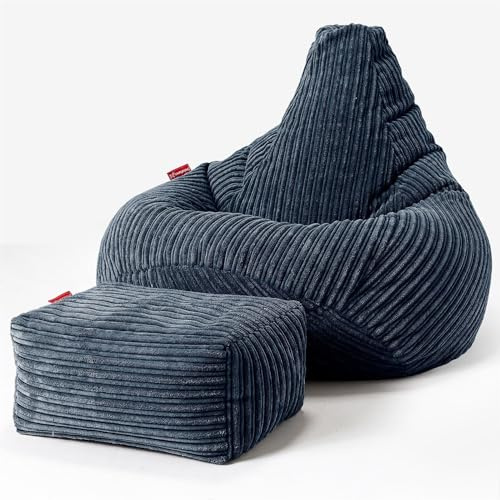 Lounge Pug, Gaming Sitzsack Sessel mit Hocker, Cord Marineblau