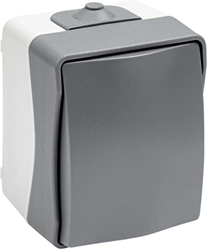 Meister Bouton-poussoir Cave 1 voie – Montage en saillie – Protection contre les projections d'eau IP44 pour pièces humides et extérieur – Jusqu'à la section du câble 2,5 mm² – Gris/Interrupteur de
