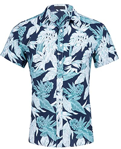 MANLUODANNI Herren Blumen Button down Kurzarm Baumwolle Hawaii Hemden Hawaiihemd Sommerhemd Kurzarmhemd für Urlaub Beach Aloha Dunkelblau Grün XXL