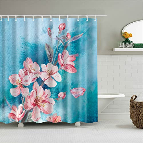 Duschvorhang für Eckdusche und Kleine Badewanne, Bad vorhang Textil aus Polyester Stoff Schimmelresistent Wasserabweisend und Waschbar, Pfirsichblüte， 240x180cm mit Duschvorhangringen Shower Curtains