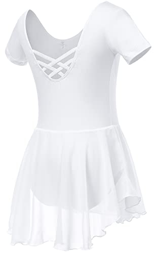 Soudittur Ballettkleidung Mädchen Ballettkleid für Kinder Baumwolle Balletttrikot Kurzarm Ballettanzug Tanzkleid Tanzbody mit Chiffon Rock Tütü(140,Weiß)
