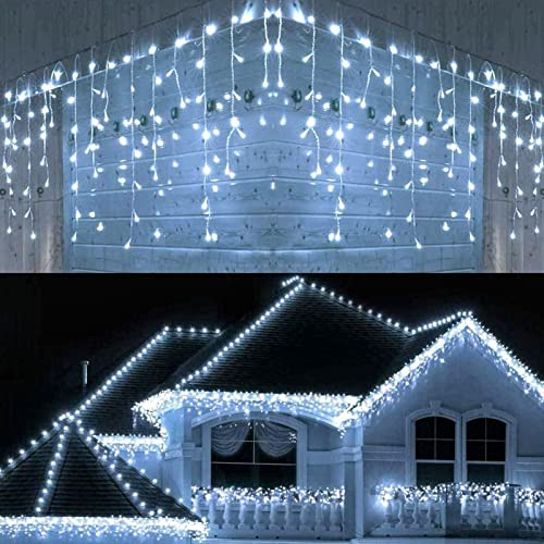Ikodm - Cortina luminosa exterior, 10 m, 400 LED, luz de Navidad, exterior, IP44, impermeable, 8 modos de iluminación, decoración de Navidad, exterior, ventana, techo, balcón, blanco frío