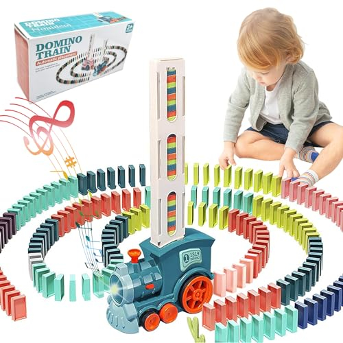 Domino Zug Spielzeug Set für Kinder,100 Pcs automatische Dominosteine Bau und Stapeln Spielzeug kreative Kinder Spiele frühe Bildung Weihnachten Geburtstag Geschenk Jungen Mädchen Alter 3-12(Cyan)