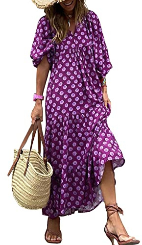 miduo Robe Longue d'été Ample décontractée avec col en V et Manches mi-Longues, Motif géométrique bohème, pour Femme, A Violet, Taille XL