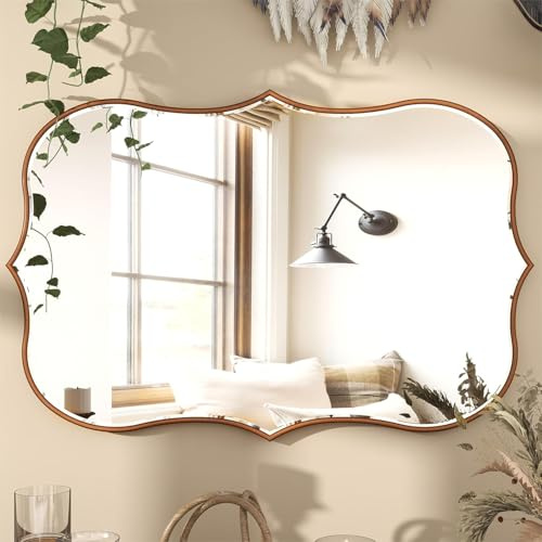 SHYFOY Spiegel Asymmetrisch 90x60cm Vintage Gold Dekorative Wandspiegel für Bad, Eitelkeit, Wohnzimmer, Flur Irregulär Retro Gold Spiegel Eingefasst im Edlen Holzrahmen