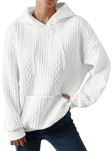 Hoodie Pullover for Women Solid Color Patchwork Thickened Jacquard Long Sleeved Sweater Jacket Top Fall Clothes Blouse Tops White
