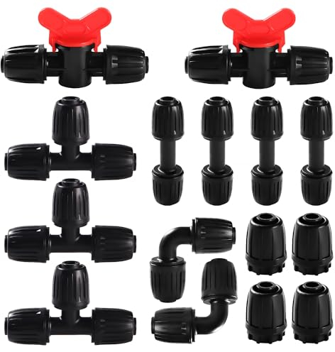 VooGenzek 15 Piezas Juego de Accesorios de Irrigación para Tubo 16 mm, Conectores de Púas de Manguera para Sistemas de Riego, Válvulas de Compuerta, Tees, Rectos, Codos, Tapón, Negro
