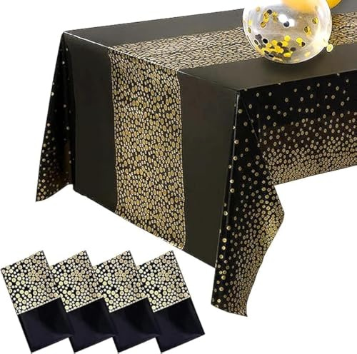 AMJKEJI Party Tischdecke, 4 Stück Tischdeckes Schwarz Gold 137 x 274 cm Rechteckig Wiederverwendbar Tischdecke für Geburtstag, Hochzeiten, Halloween, Weihnachten, Karneval