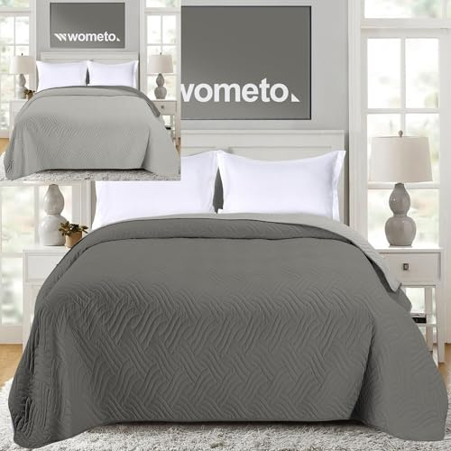 wometo Tagesdecke 170x210 Oeko-TEX Microfaser grau hellgrau im Wende-Design | Bettüberwurf XL wattiert gesteppt für franz. Bett Sofa Couch Einzelbett