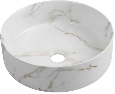 Round Art Countertop Basin for Bathrooms and Cloakroom Hand Wash Basin White Marble Effect Artistic Counter Top Bathroom Sink Basin Ceramic Vessel Sink Washbowl - 360mm