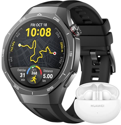 HUAWEI WATCH GT 5 Pro 46mm Smartwatch, elegante, Sport di alto livello, Monitoraggio della salute, Monitoreo ECG, 14 giorni di durata, GPS, chiamata Bluetooth, iOS e Android, Nero + FreeBuds 5i Bianca