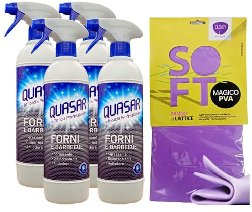 SET QUASAR: 4x Detergente Spray FORNI & BARBECUE, Sgrassante, Disincrostante e Antiodore 580ml + Panno In Lattice SOFT, Formato 30x30