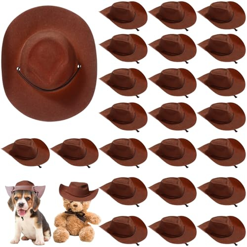 Xtinmee 24 Pcs Mini Cowboy Hats for Party Plastic Little Cowboy Hats for Crafts Doll Shooters Party(Brown)