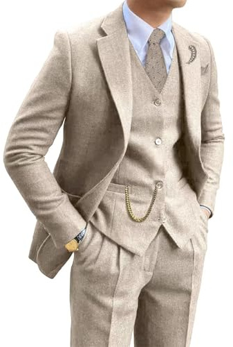 Retro-Tweed-Herrenanzug, 3-teilig, Fischgrätenmuster, schmale Passform, Anzug-Set, Hochzeit, Smoking, Balljacke, Blazer, Weste, Hose für Herren, Beige, XL