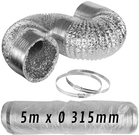 CONTROL GARDEN Tuyau flexible en aluminium Couleur argentée Ø 315 mm Longueur 5 m | Conduit d'air ventilation + 2 colliers de serrage en acier | Tuyau flexible extracteur d'air