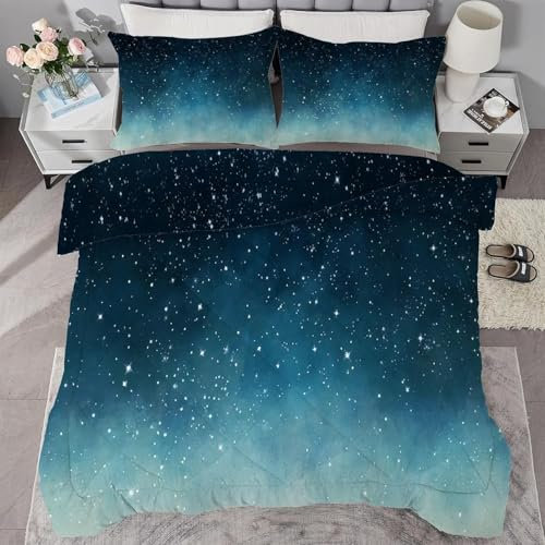 Bettdecke 200x220 Ohne Bezug Nutzbar, Sternenhimmel Sterne Bettdecken Waschbar Ganzjahresdecke Universum 4 Jahreszeiten Steppdecke, Bettzeug Microfaser mit 2 Kissenbezug für Sommer Winter Doppelbett